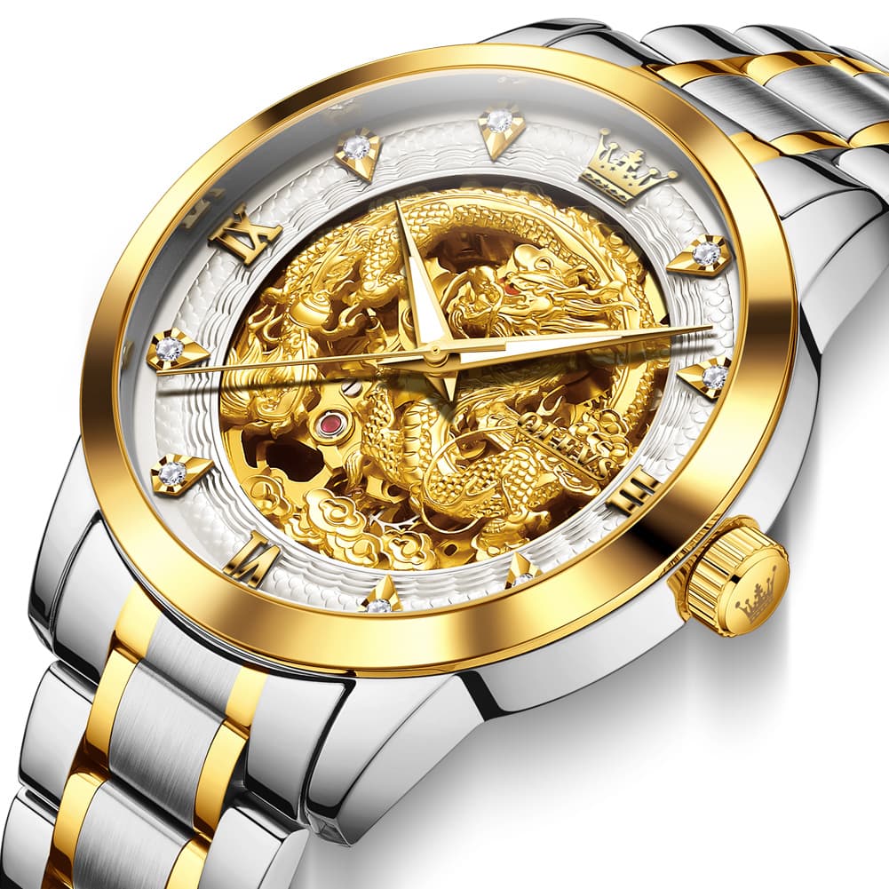 OLEVS 7027 Golden Dragon Automatic Mechanical Watch for Men - All Gold Watch | Olevs Watch Store