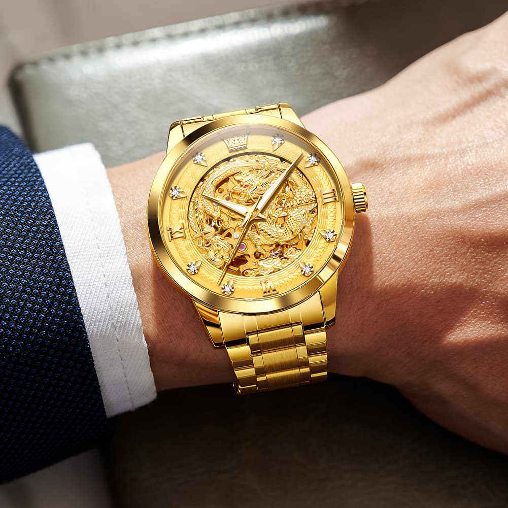 OLEVS 7027 Golden Dragon Automatic Mechanical Watch for Men - All Gold Watch | Olevs Watch Store