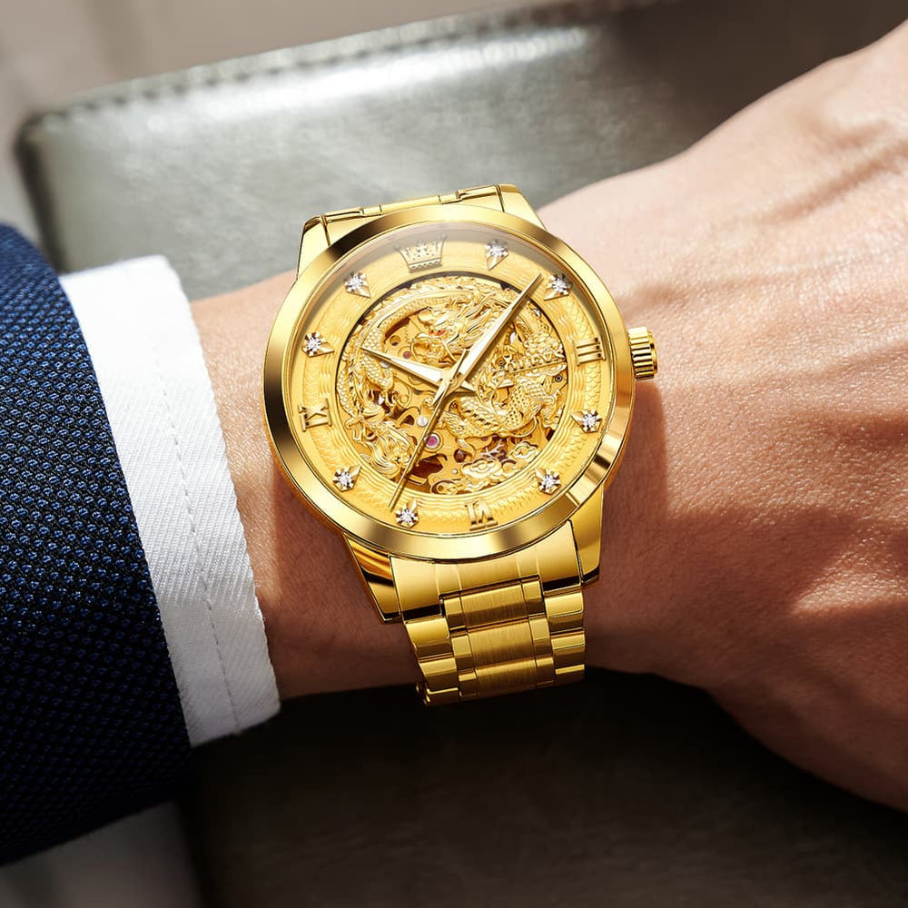OLEVS 7027 Golden Dragon Automatic Mechanical Watch for Men - All Gold Watch | Olevs Watch Store