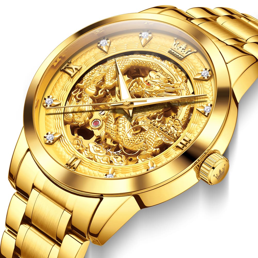 OLEVS 7027 Golden Dragon Automatic Mechanical Watch for Men - All Gold Watch | Olevs Watch Store