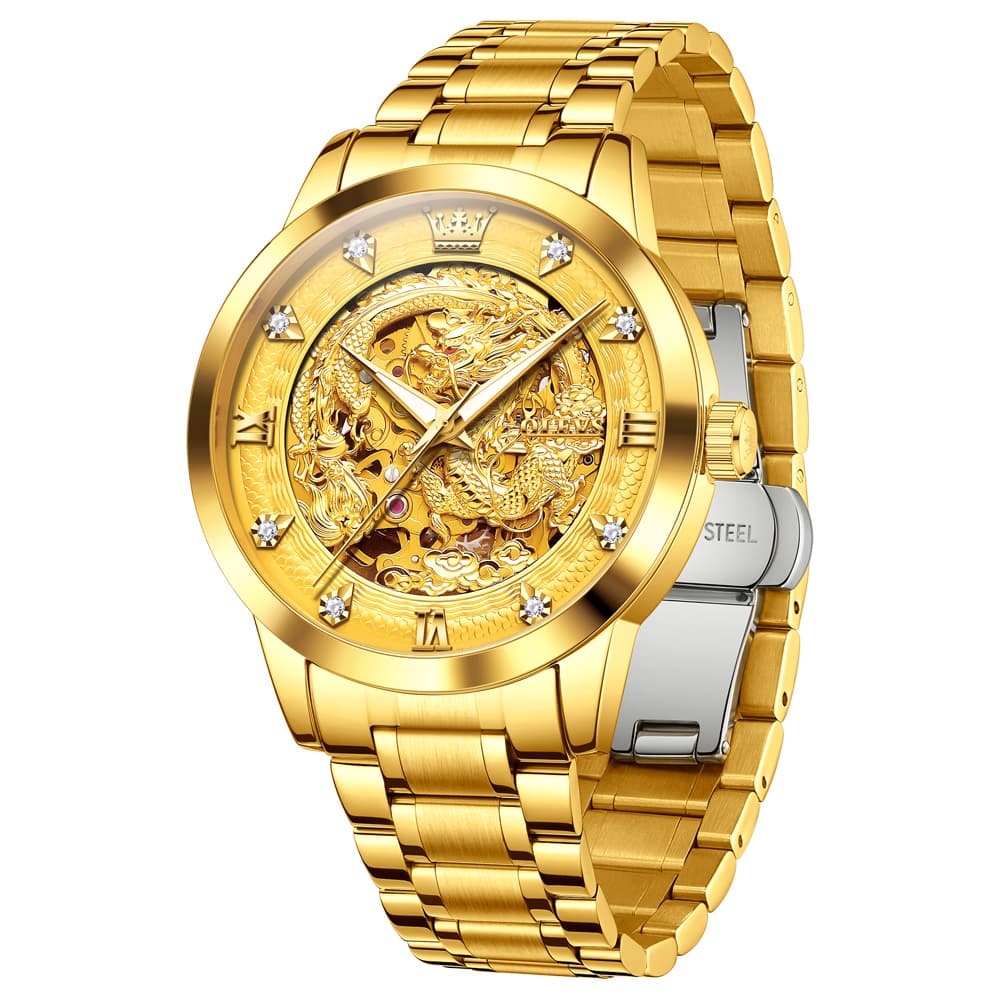 OLEVS 7027 Golden Dragon Automatic Mechanical Watch for Men - All Gold Watch | Olevs Watch Store