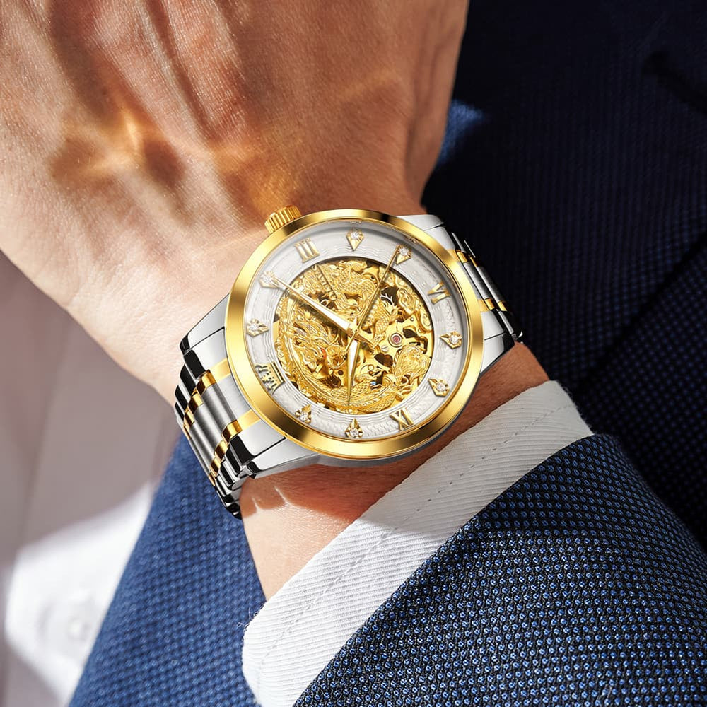OLEVS 7027 Golden Dragon Automatic Mechanical Watch for Men - All Gold Watch | Olevs Watch Store