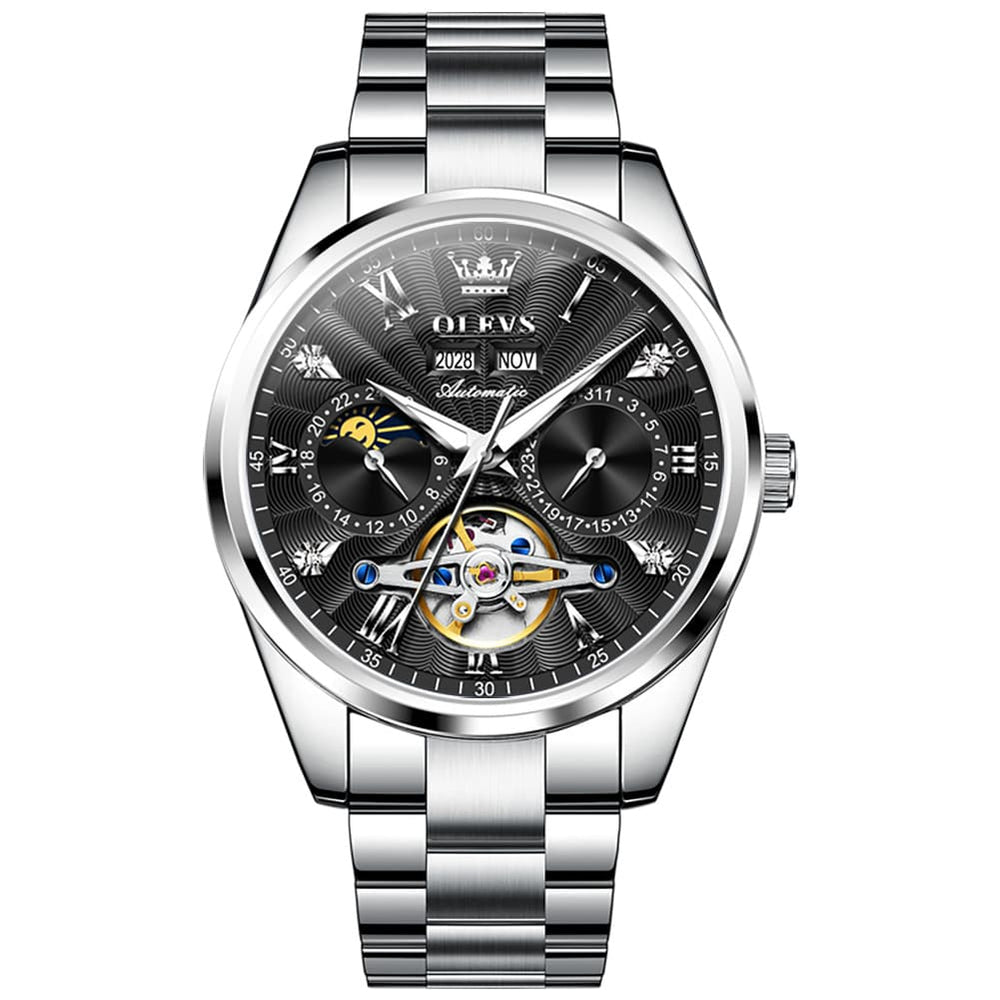 OLEVS 7028 Open Heart Moon Phase Automatic Watch for Men - Silver Black Watch | Olevs Watch Store