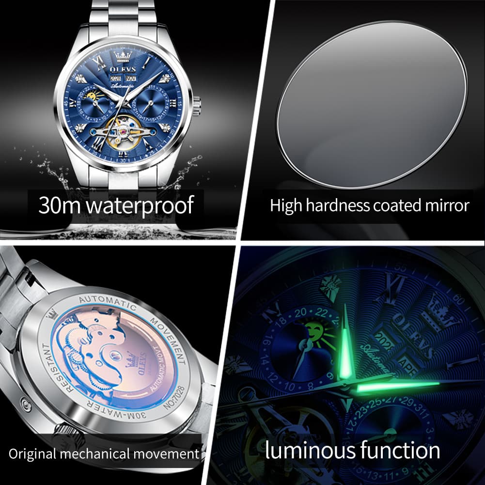 OLEVS 7028 Open Heart Moon Phase Automatic Watch for Men - Silver Black Watch | Olevs Watch Store