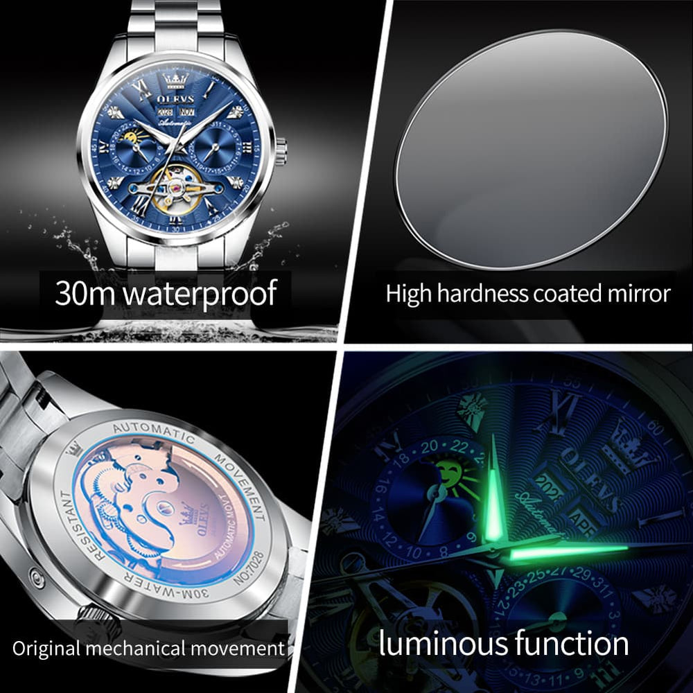 OLEVS 7028 Open Heart Moon Phase Automatic Watch for Men - Silver Black Watch | Olevs Watch Store