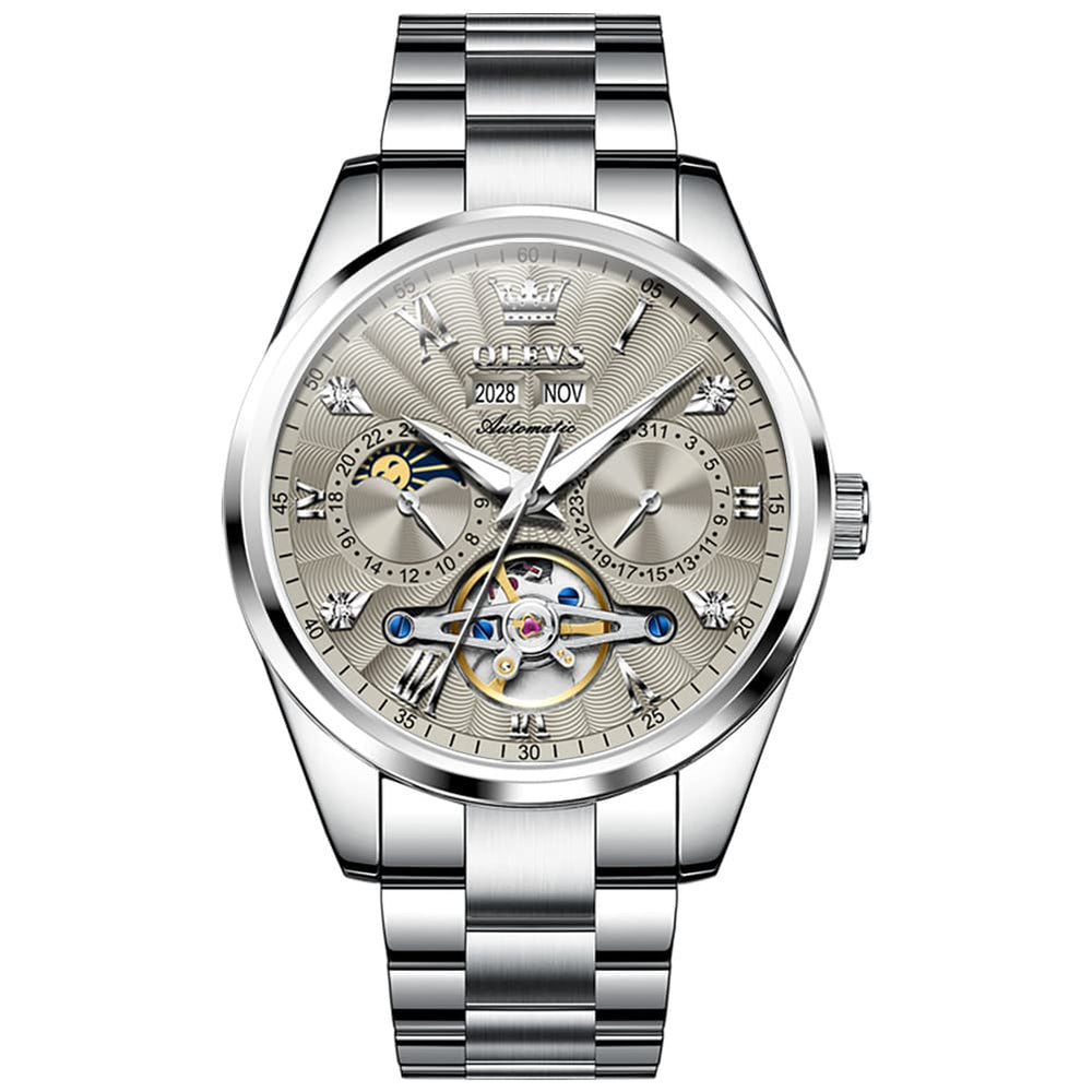 OLEVS 7028 Open Heart Moon Phase Automatic Watch for Men - Silver Black Watch | Olevs Watch Store