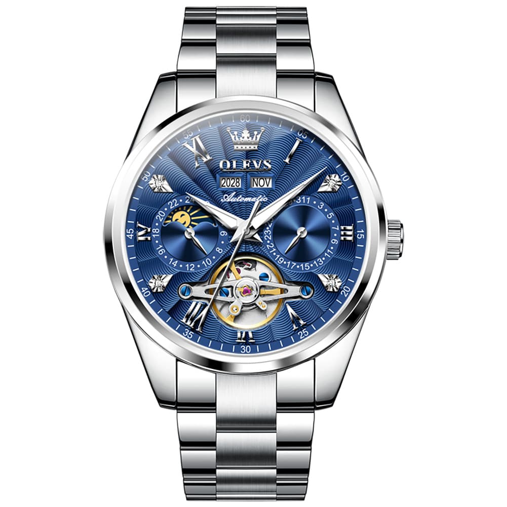 OLEVS 7028 Open Heart Moon Phase Automatic Watch for Men - Silver Black Watch | Olevs Watch Store