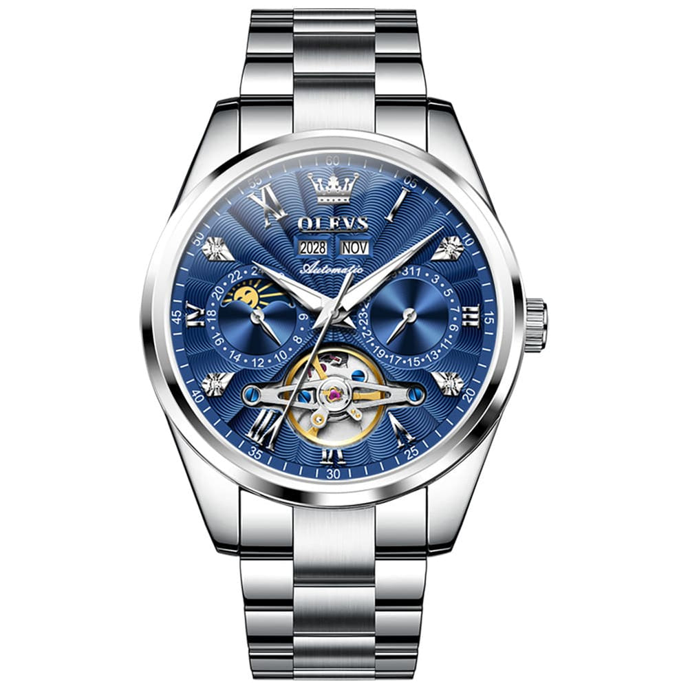OLEVS 7028 Open Heart Moon Phase Automatic Watch for Men - Silver Black Watch | Olevs Watch Store