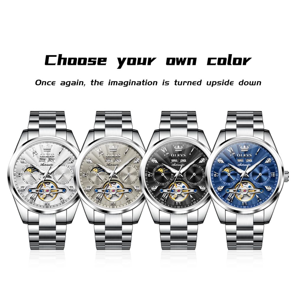 OLEVS 7028 Open Heart Moon Phase Automatic Watch for Men - Silver Black Watch | Olevs Watch Store