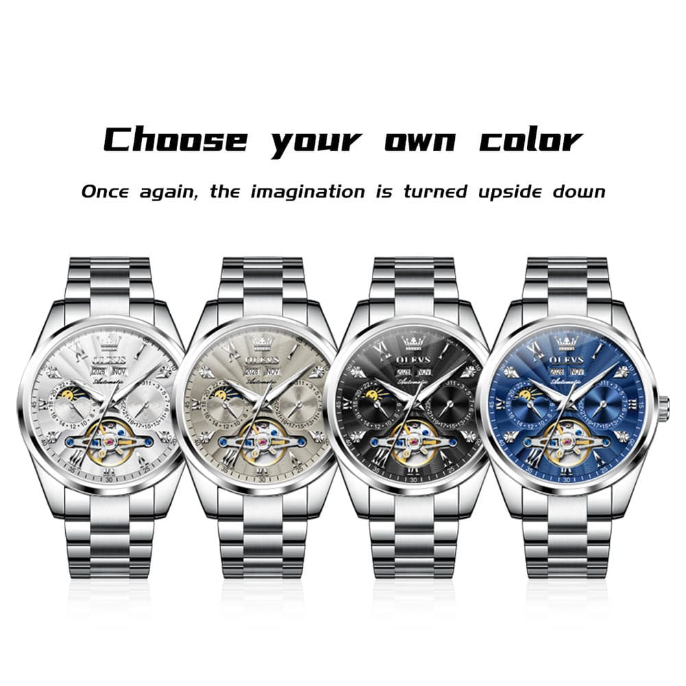 OLEVS 7028 Open Heart Moon Phase Automatic Watch for Men - Silver Black Watch | Olevs Watch Store