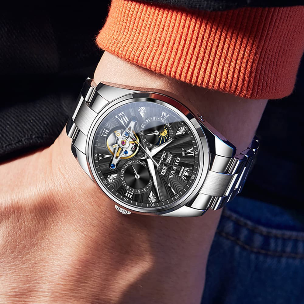 OLEVS 7028 Open Heart Moon Phase Automatic Watch for Men - Silver Black Watch | Olevs Watch Store