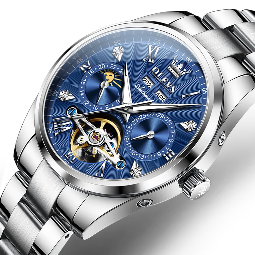 OLEVS 7028 Open Heart Moon Phase Automatic Watch for Men - Silver Black Watch | Olevs Watch Store
