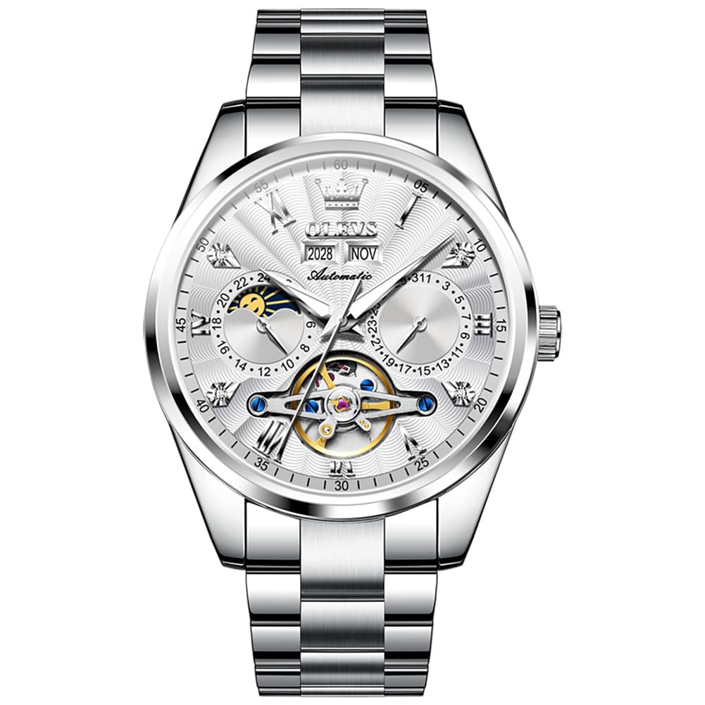 OLEVS 7028 Open Heart Moon Phase Automatic Watch for Men - Silver Black Watch | Olevs Watch Store