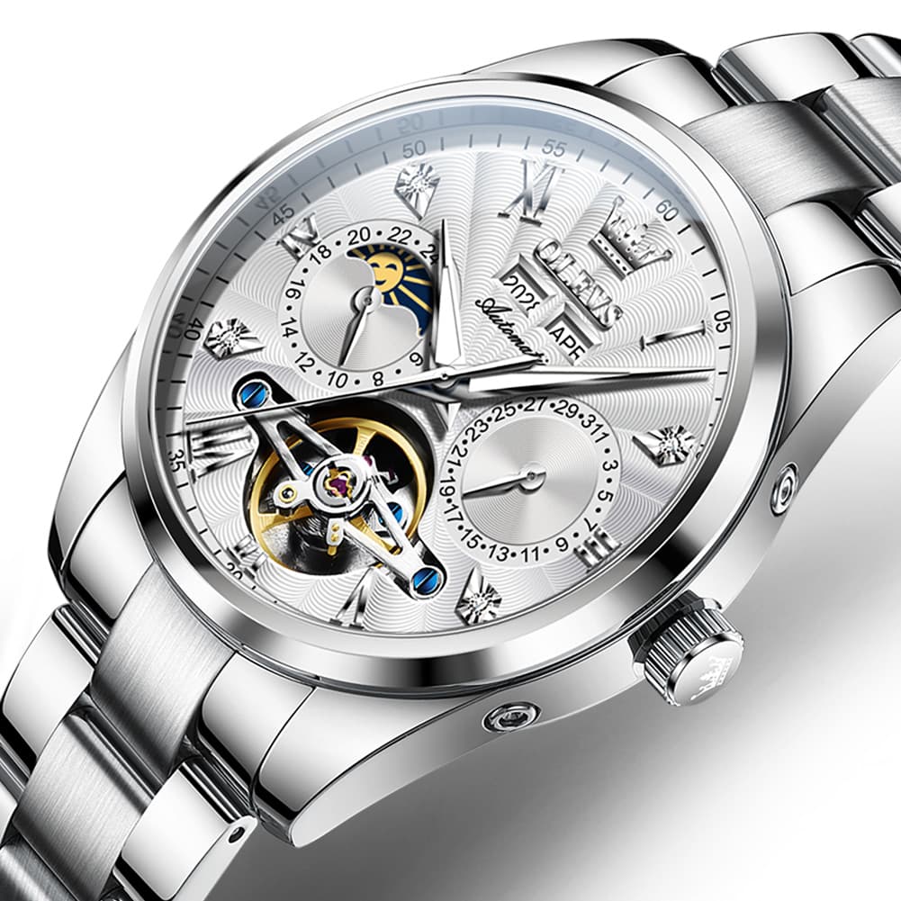 OLEVS 7028 Open Heart Moon Phase Automatic Watch for Men - Silver Black Watch | Olevs Watch Store
