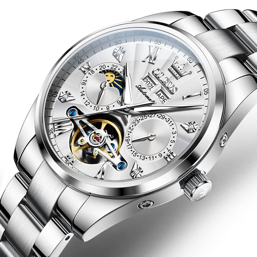 OLEVS 7028 Open Heart Moon Phase Automatic Watch for Men - Silver Black Watch | Olevs Watch Store