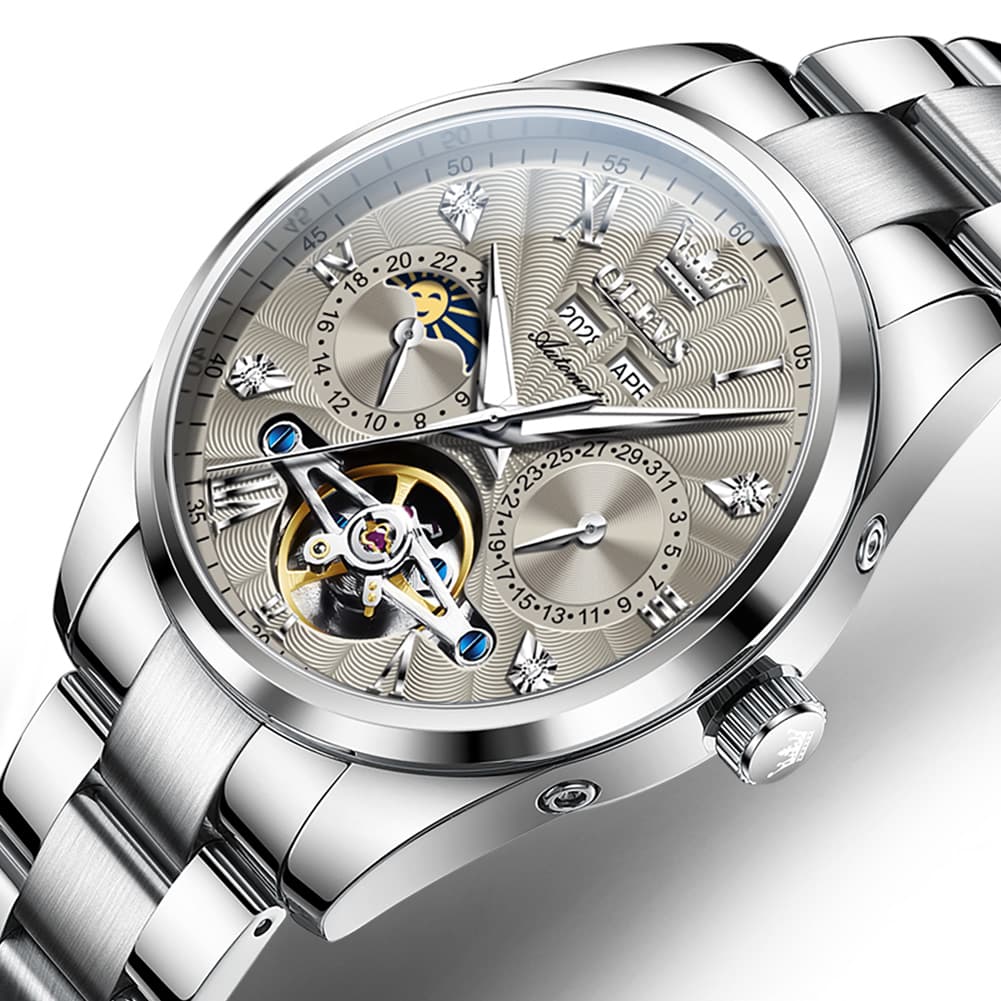 OLEVS 7028 Open Heart Moon Phase Automatic Watch for Men - Silver Black Watch | Olevs Watch Store