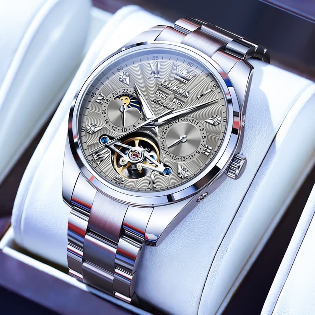 OLEVS 7028 Open Heart Moon Phase Automatic Watch for Men - Silver Champagne Watch | Olevs Watch Store