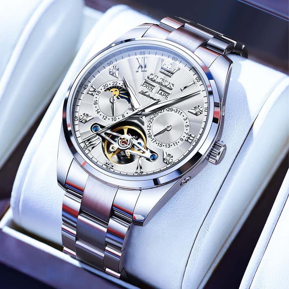 OLEVS 7028 Open Heart Moon Phase Automatic Watch for Men - Silver White Watch | Olevs Watch Store