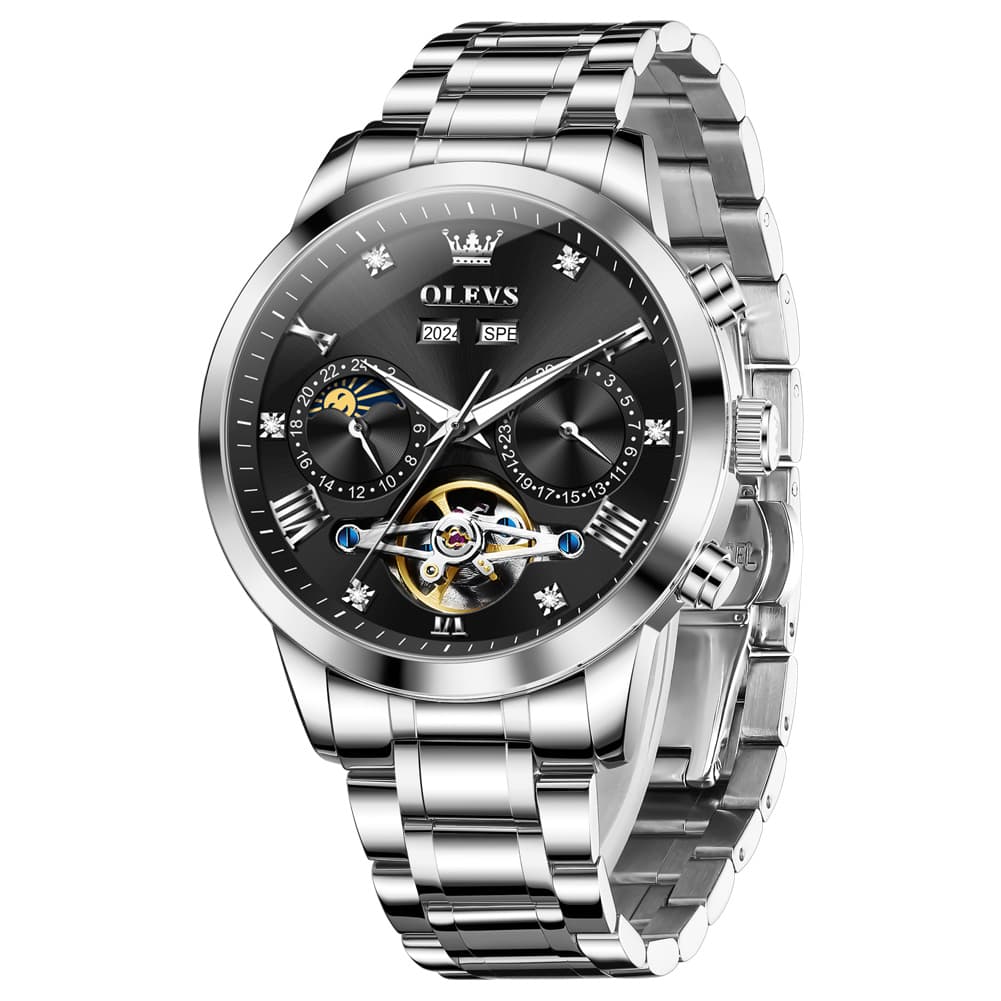 OLEVS 7029 Open Heart Automatic Mechanical Watch For Men - Silver Black Watch | Olevs Watch Store