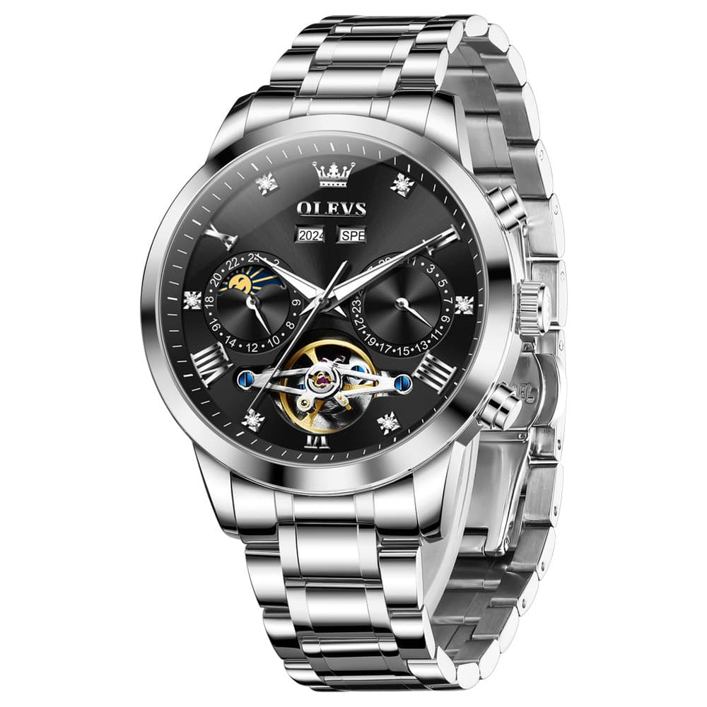 OLEVS 7029 Open Heart Automatic Mechanical Watch For Men - Silver Black Watch | Olevs Watch Store