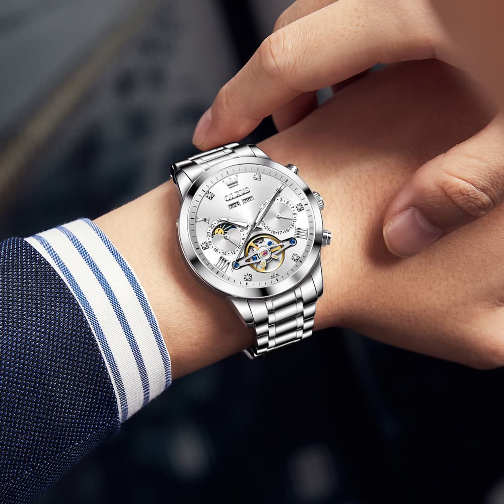 OLEVS 7029 Open Heart Automatic Mechanical Watch For Men - Silver White Watch | Olevs Watch Store