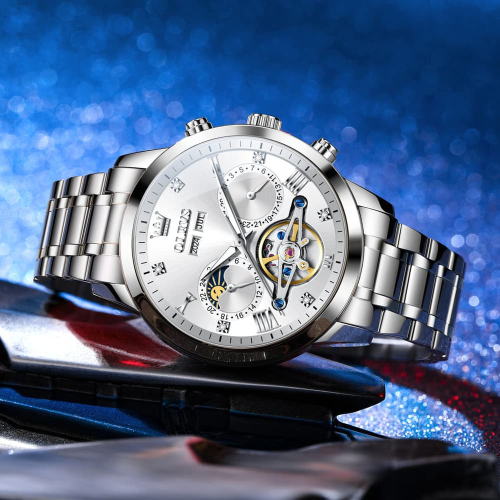 OLEVS 7029 Open Heart Automatic Mechanical Watch For Men - Silver White Watch | Olevs Watch Store