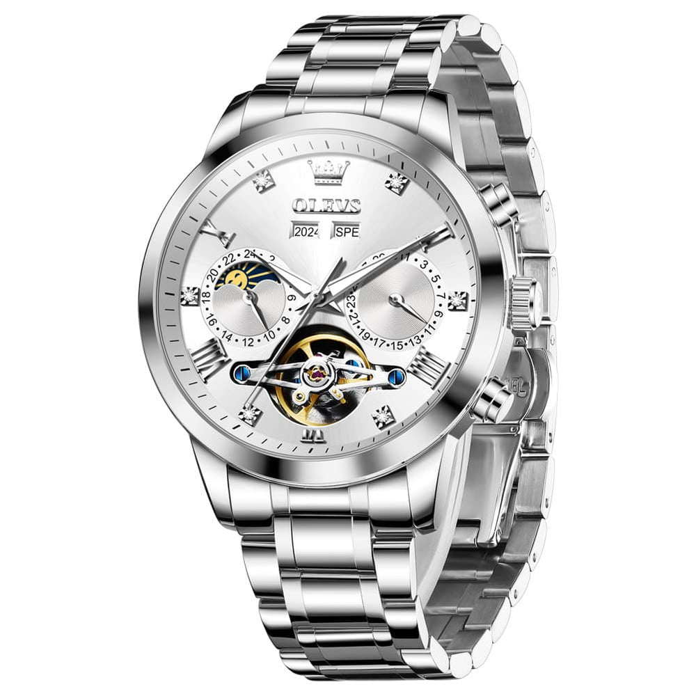 OLEVS 7029 Open Heart Automatic Mechanical Watch For Men - Silver White Watch | Olevs Watch Store