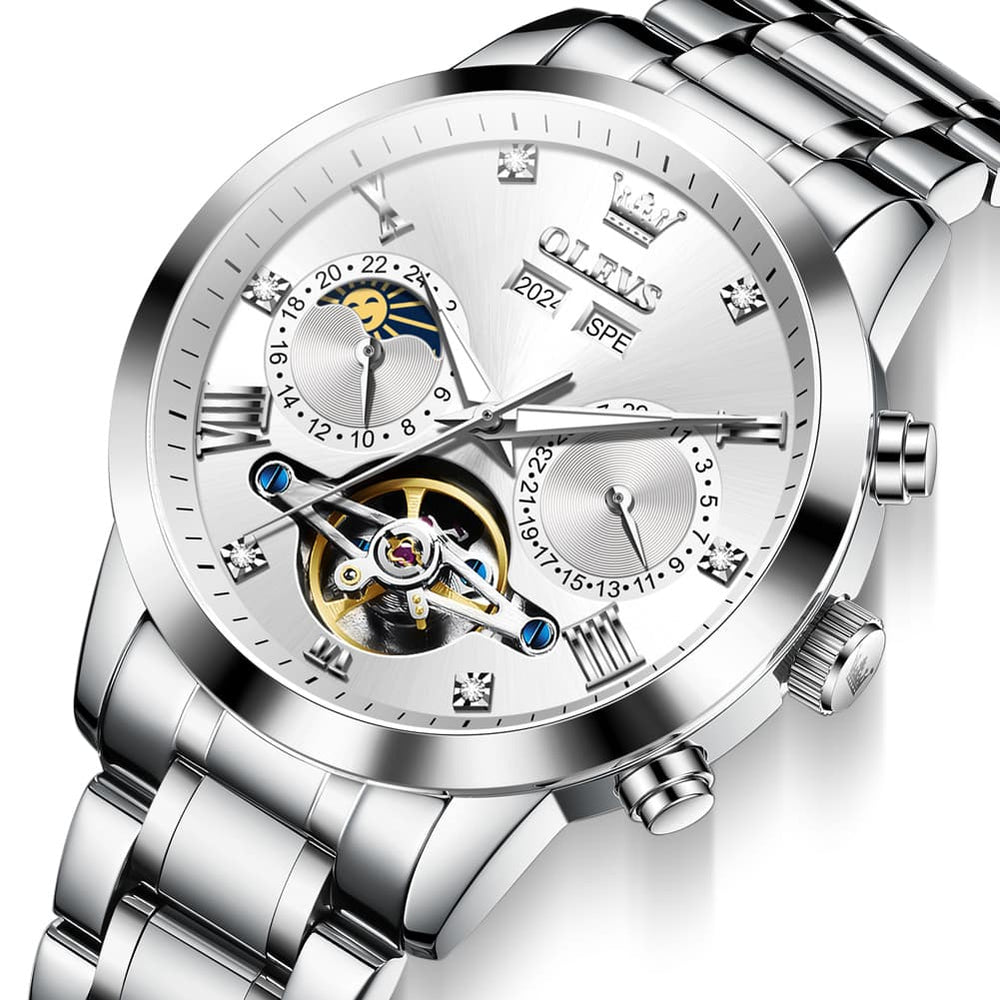 OLEVS 7029 Open Heart Automatic Mechanical Watch For Men - Silver White Watch | Olevs Watch Store