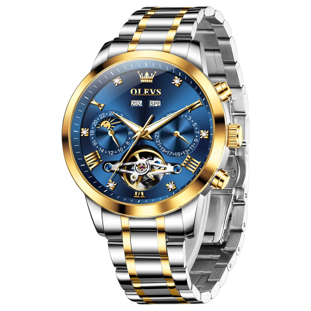 OLEVS 7029 Open Heart Automatic Mechanical Watch For Men - Two Tone Blue Watch | Olevs Watch Store