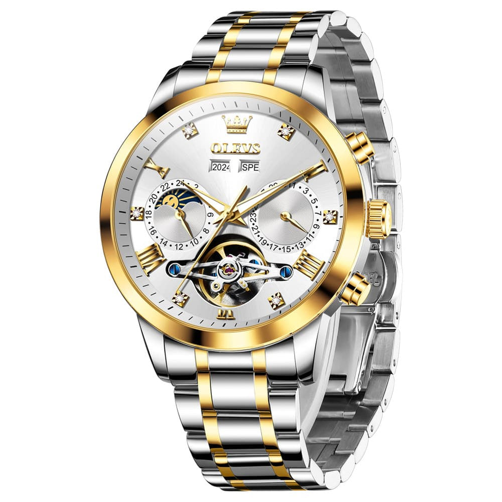 OLEVS 7029 Open Heart Automatic Mechanical Watch For Men - Two Tone White Watch | Olevs Watch Store