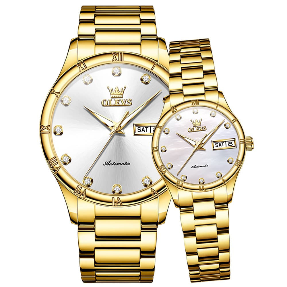 OLEVS 7030 Automatic Mechanical Couples Watch Set - All Gold Watch | Olevs Watch Store