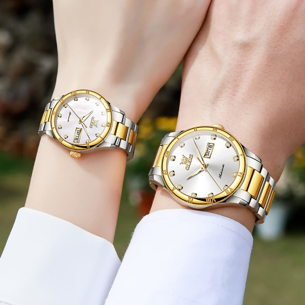 OLEVS 7030 Automatic Mechanical Couples Watch Set - All Silver Watch | Olevs Watch Store