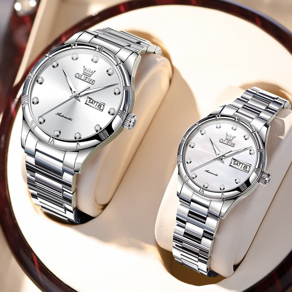 OLEVS 7030 Automatic Mechanical Couples Watch Set - All Silver Watch | Olevs Watch Store