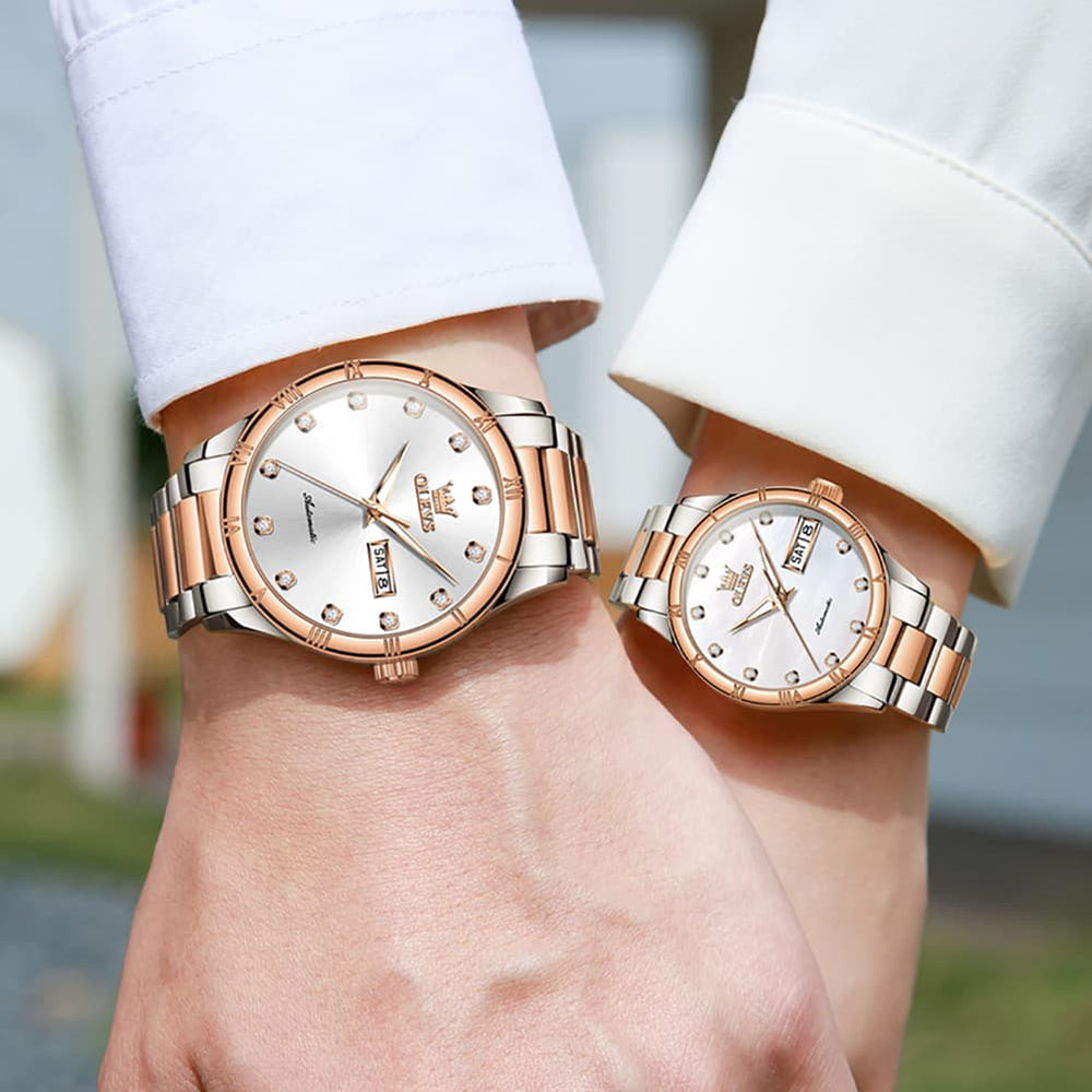 OLEVS 7030 Automatic Mechanical Couples Watch Set - All Silver Watch | Olevs Watch Store