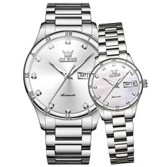 OLEVS 7030 Automatic Mechanical Couples Watch Set - All Silver Watch | Olevs Watch Store