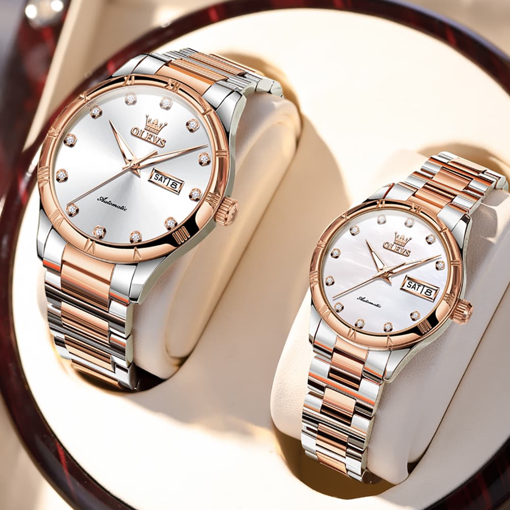 OLEVS 7030 Automatic Mechanical Couples Watch Set - All Silver Watch | Olevs Watch Store