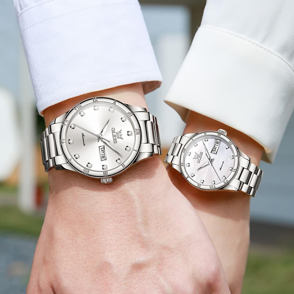 OLEVS 7030 Automatic Mechanical Couples Watch Set - All Silver Watch | Olevs Watch Store