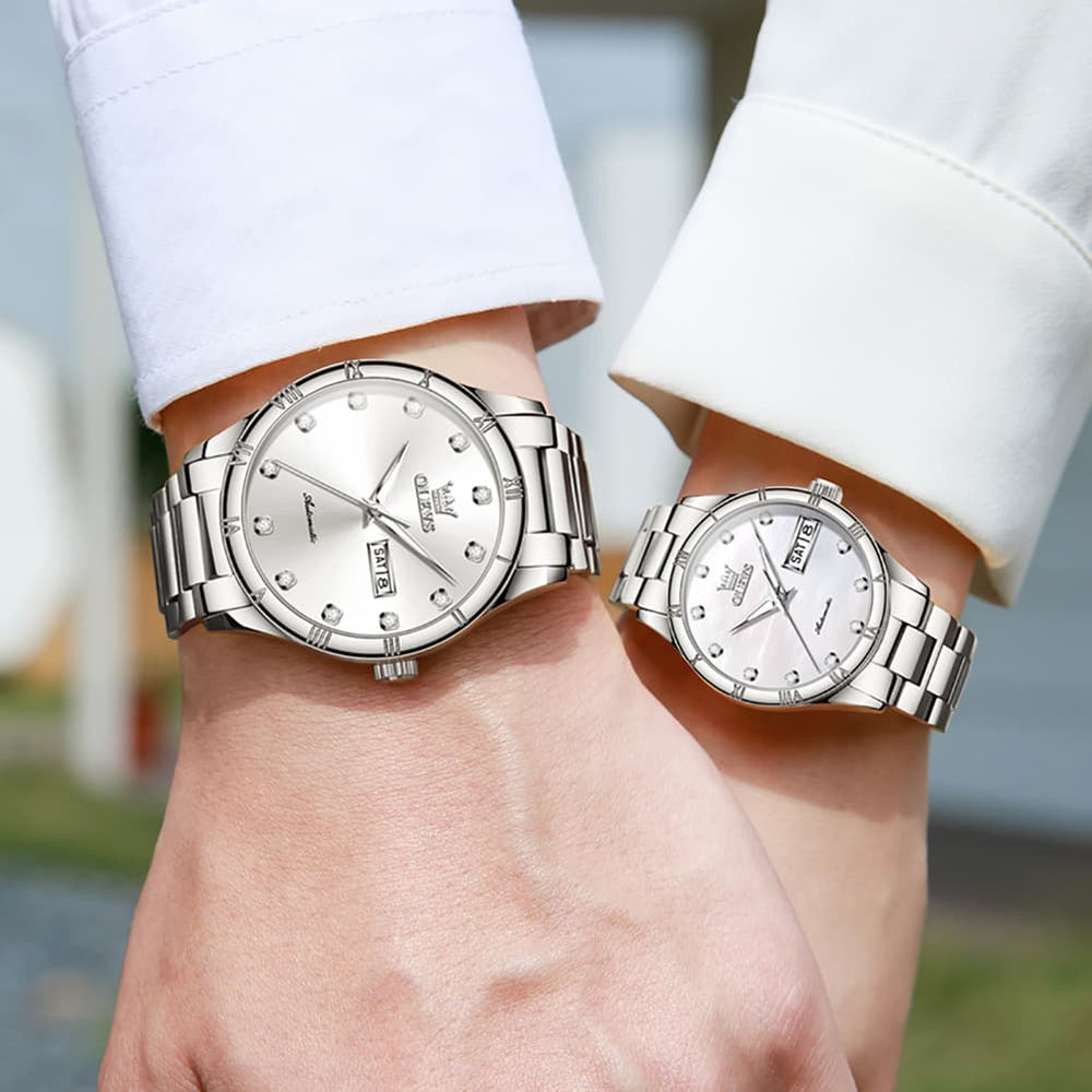 OLEVS 7030 Automatic Mechanical Couples Watch Set - All Silver Watch | Olevs Watch Store