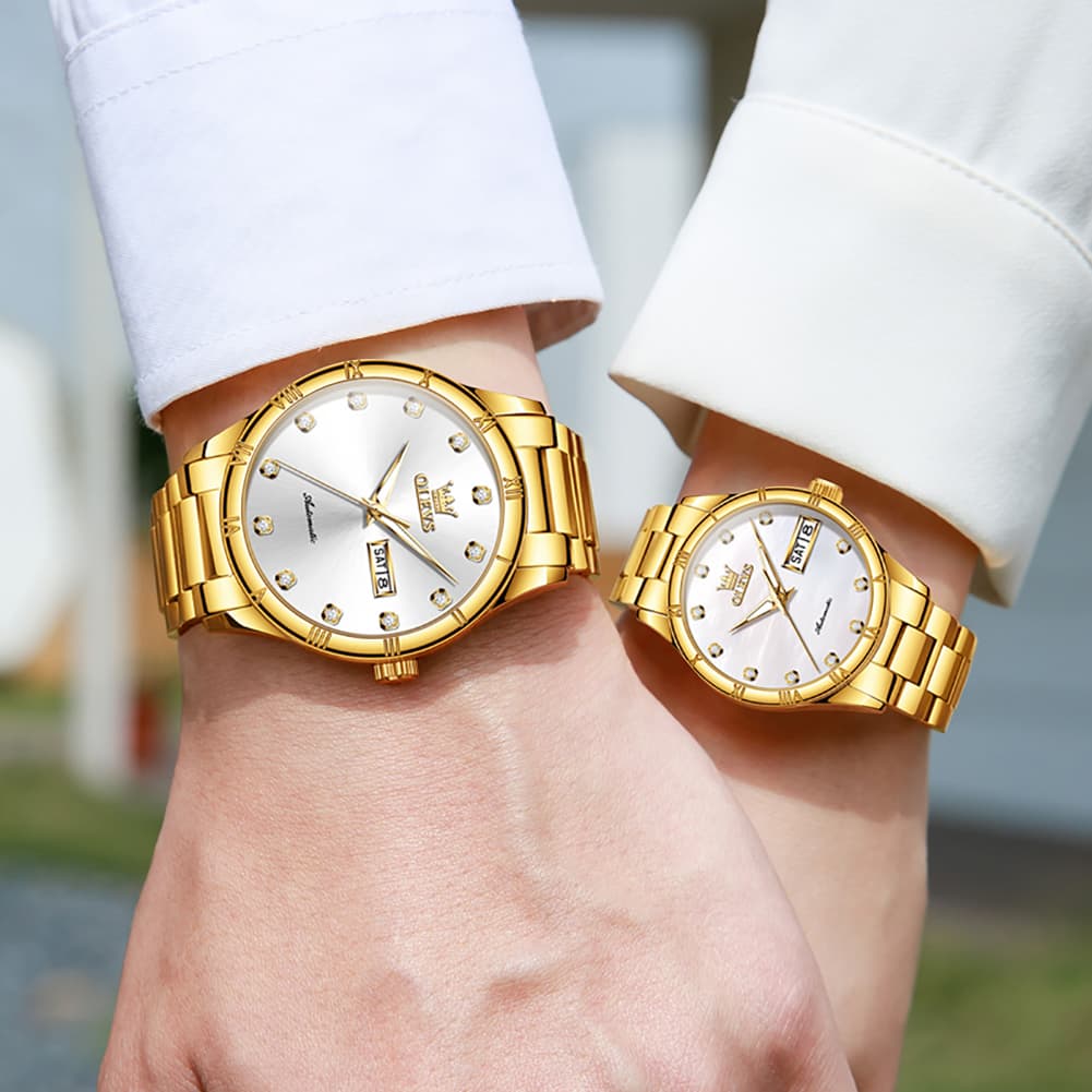 OLEVS 7030 Automatic Mechanical Couples Watch Set - All Silver Watch | Olevs Watch Store