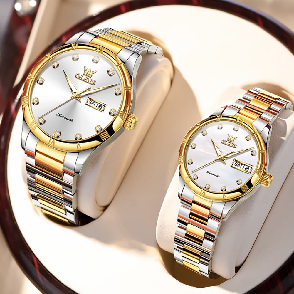 OLEVS 7030 Automatic Mechanical Couples Watch Set - All Silver Watch | Olevs Watch Store