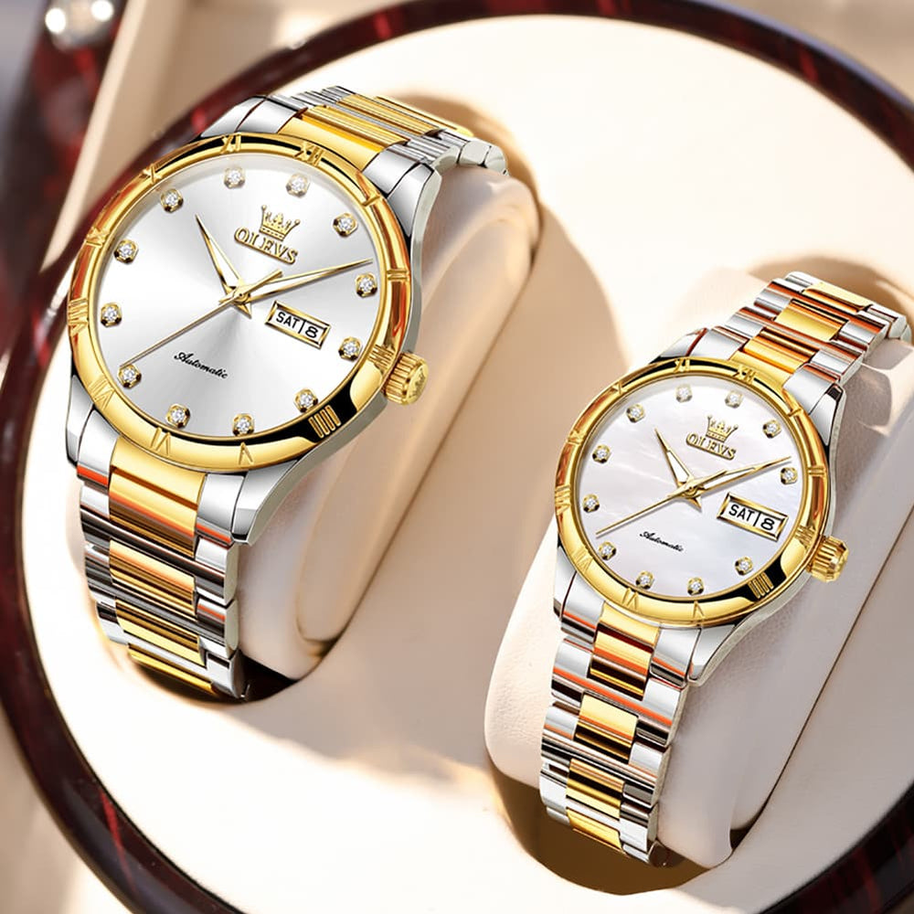 OLEVS 7030 Automatic Mechanical Couples Watch Set - All Silver Watch | Olevs Watch Store