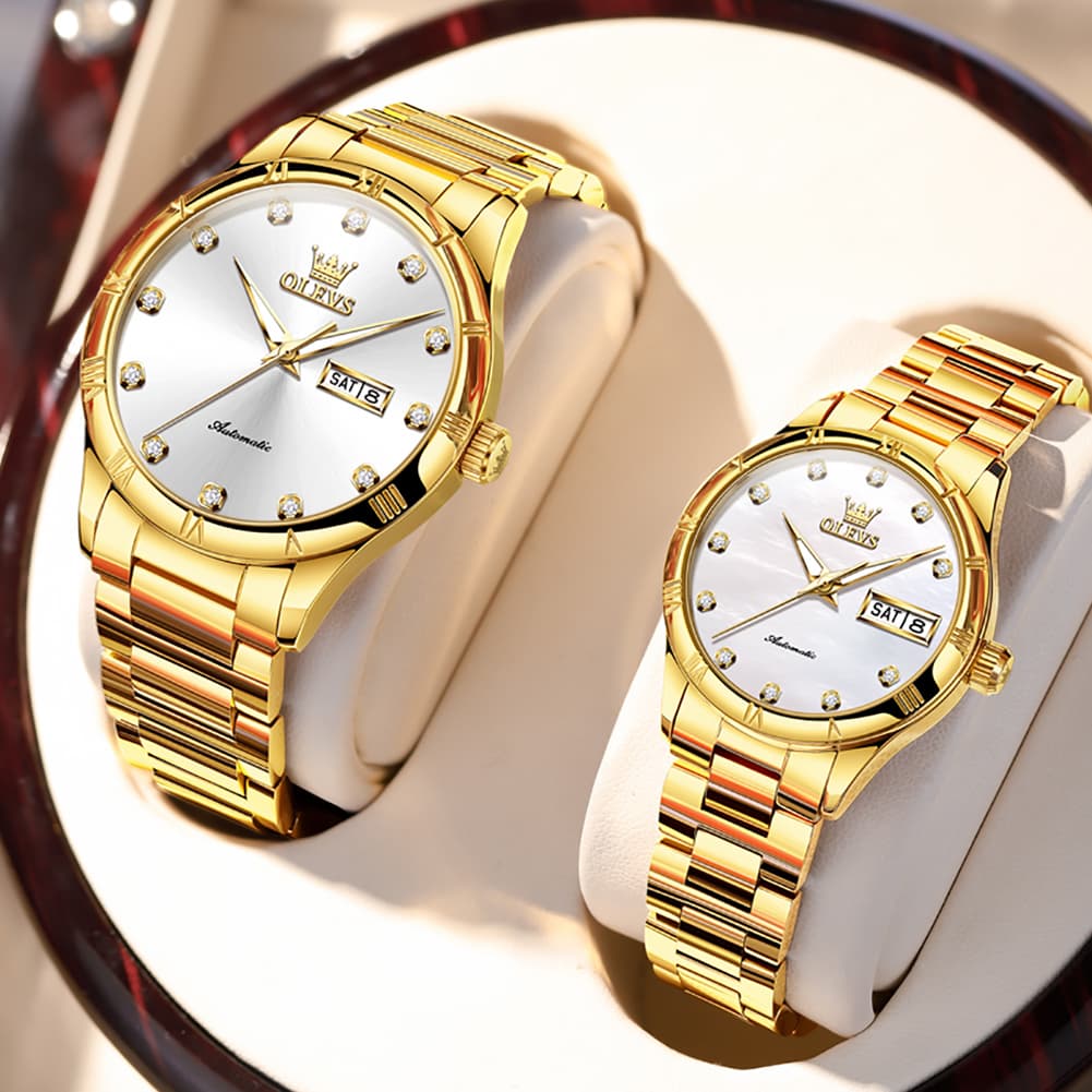 OLEVS 7030 Automatic Mechanical Couples Watch Set - All Silver Watch | Olevs Watch Store