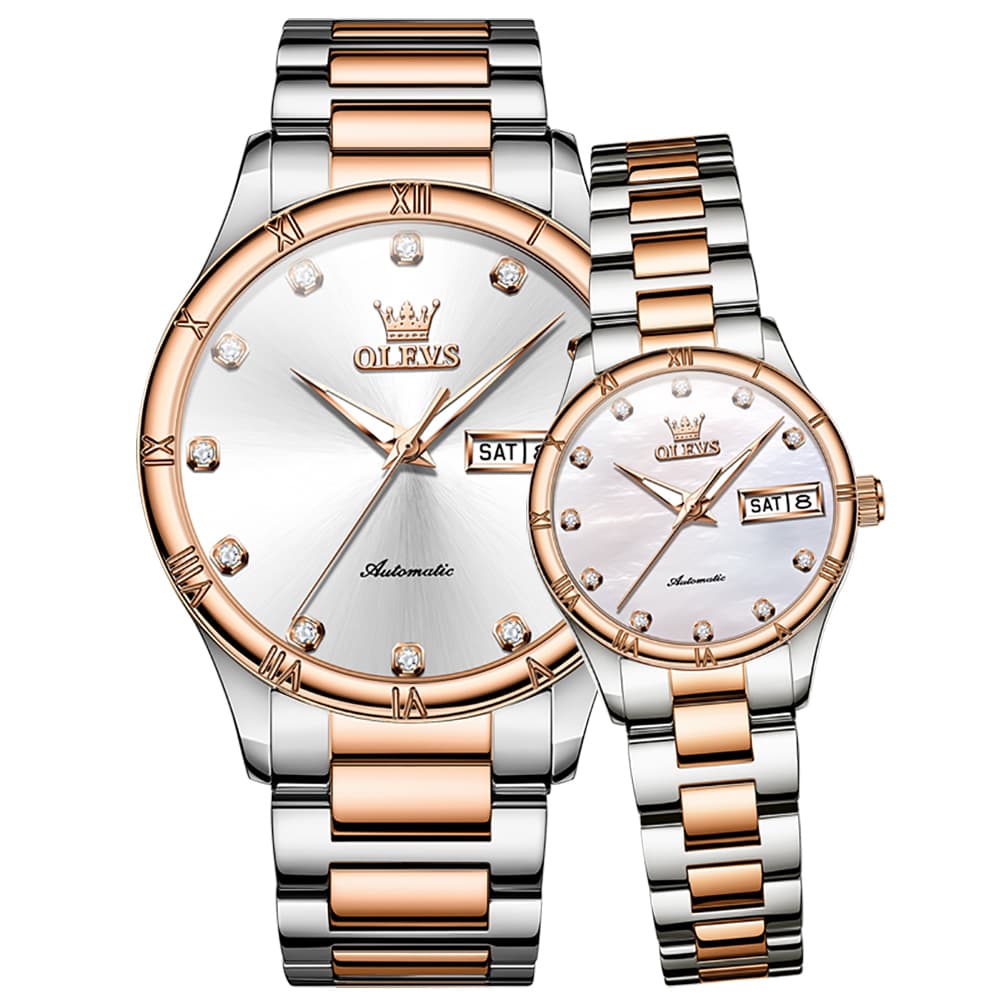 OLEVS 7030 Automatic Mechanical Couples Watch Set - Two Tone Rose Gold Watch | Olevs Watch Store