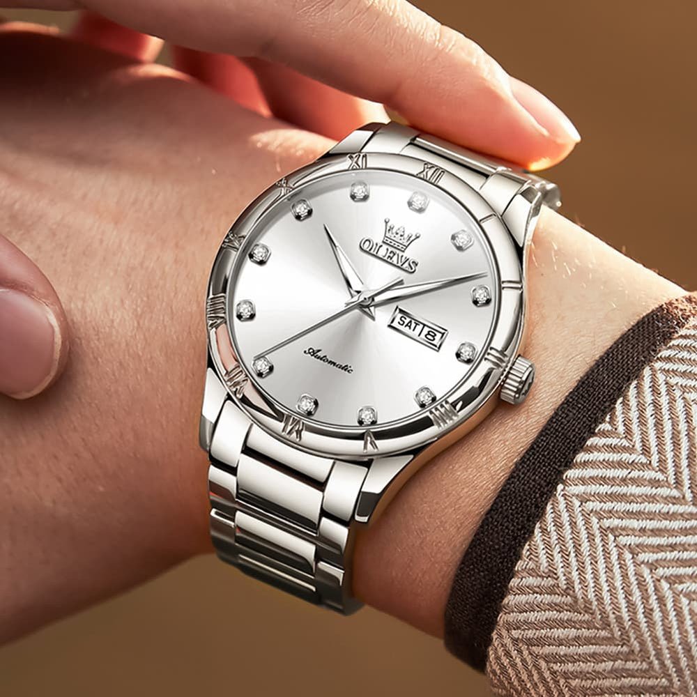 OLEVS 7030 Automatic Mechanical Dress Watch for Men - All Silver Watch | Olevs Watch Store