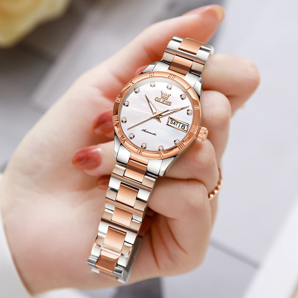 OLEVS 7030 Elegant Automatic Mechanical Watch For Women - All Silver Watch | Olevs Watch Store