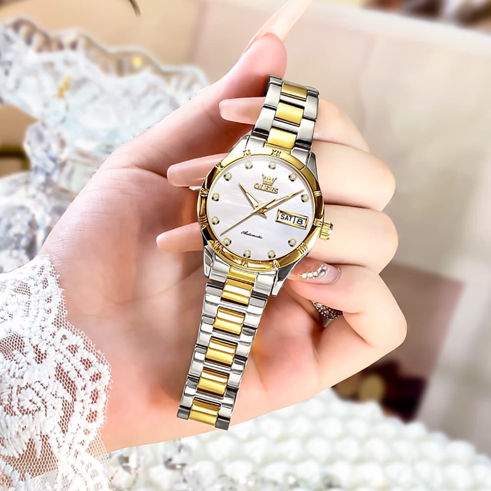 OLEVS 7030 Elegant Automatic Mechanical Watch For Women - All Silver Watch | Olevs Watch Store