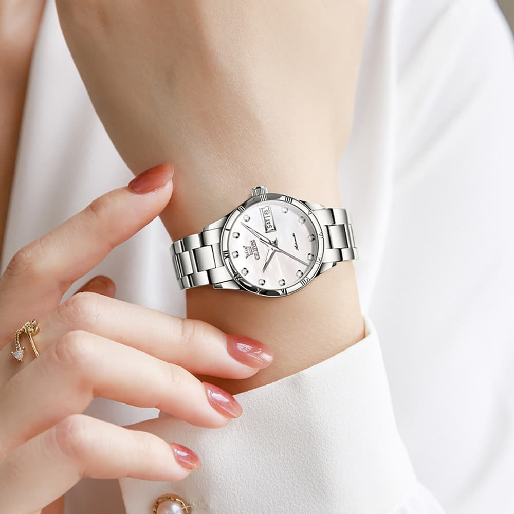 OLEVS 7030 Elegant Automatic Mechanical Watch For Women - All Silver Watch | Olevs Watch Store