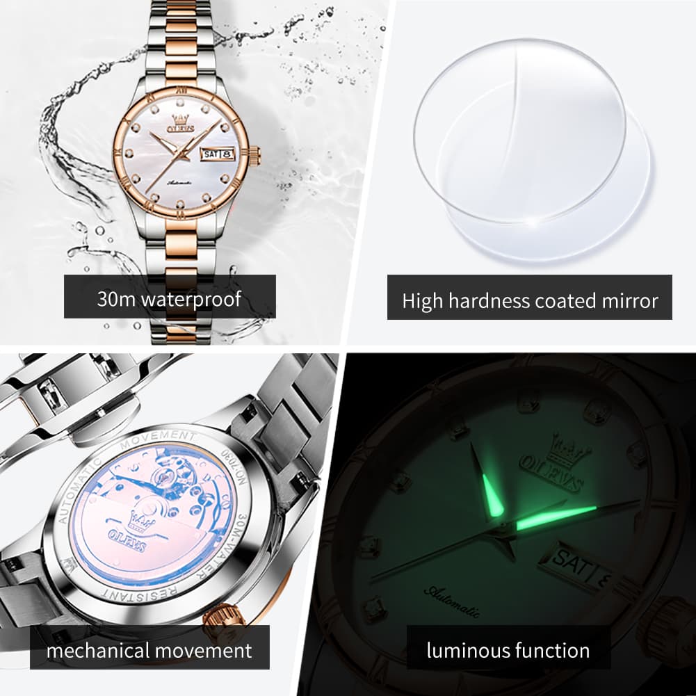 OLEVS 7030 Elegant Automatic Mechanical Watch For Women - All Silver Watch | Olevs Watch Store