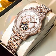 OLEVS 7036 Open Heart Automatic Watch For Women - Rose Gold Mother of Pearl Watch | Olevs Watch Store