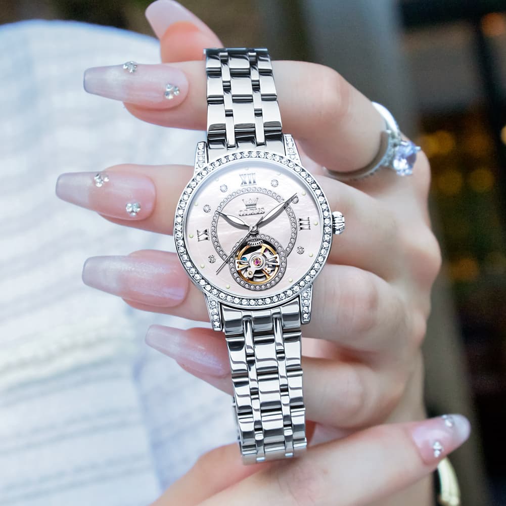 OLEVS 7036 Open Heart Automatic Watch For Women - Silver Mother of Pearl Watch | Olevs Watch Store
